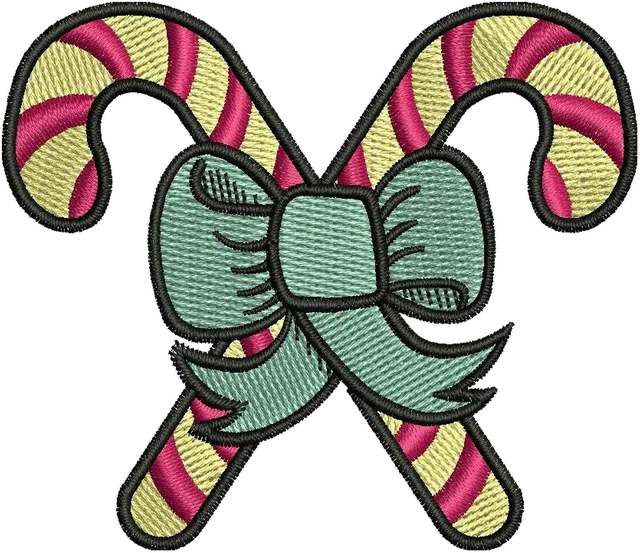 Crossed Candy Canes with a Sage-Green Bow embroidery design shown stitched on fabric