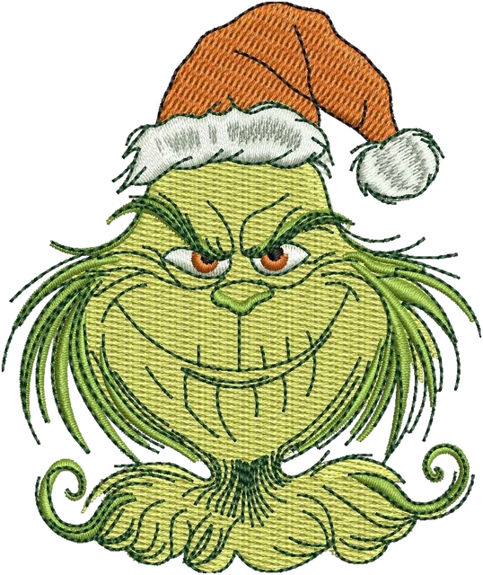 Stickdatei Grinch-Gesicht mit hängender Weihnachtsmütze auf Stoff gestickt