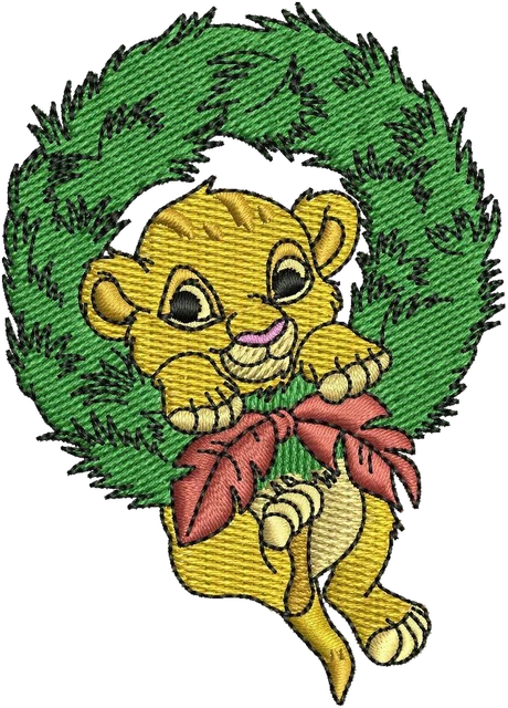 Motif de broderie Simba dans une couronne de Noël : fichier broderie brodé sur tissu