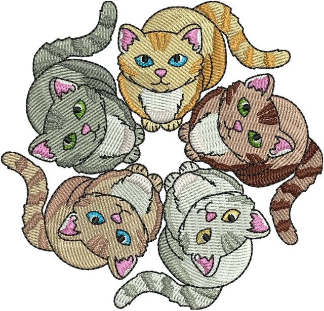 Diseño de bordado Diseño de bordado Cinco gatos de colores en círculo sobre tela