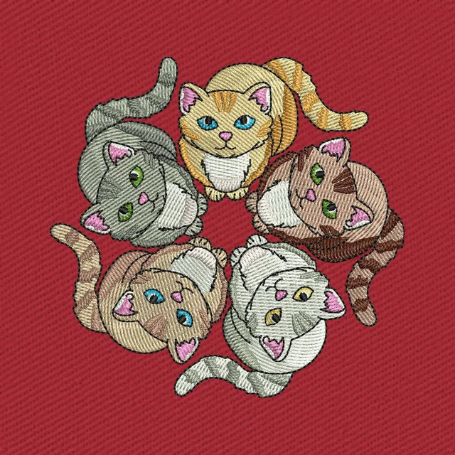 Fünf bunte Katzen im Kreis Stickdatei