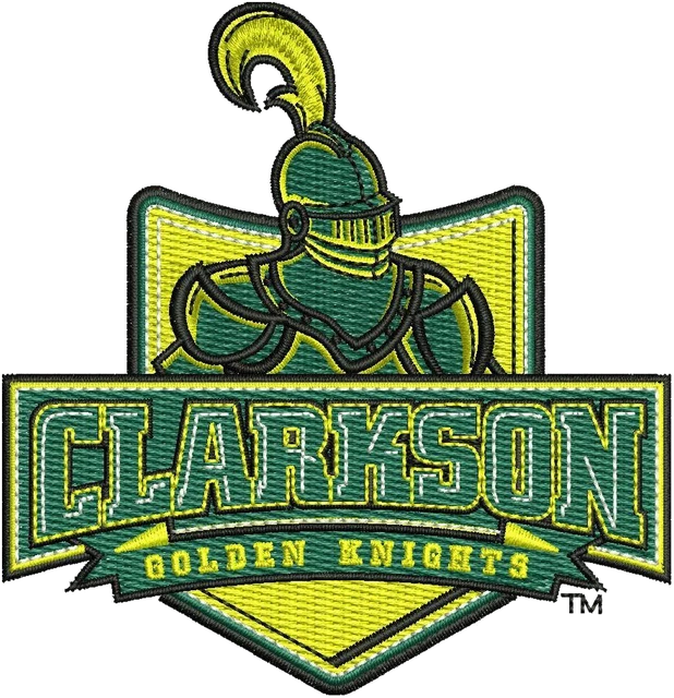 Clarkson Golden Knights Helmet Shield Logo embroidery design shown stitched on fabric