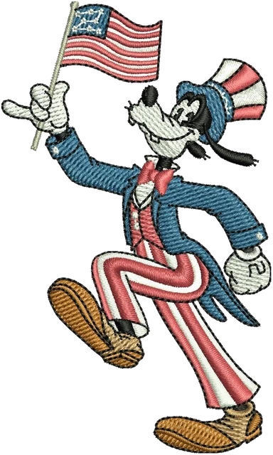 Classic Goofy Holding American Flag Embroidery Design embroidery design shown stitched on fabric