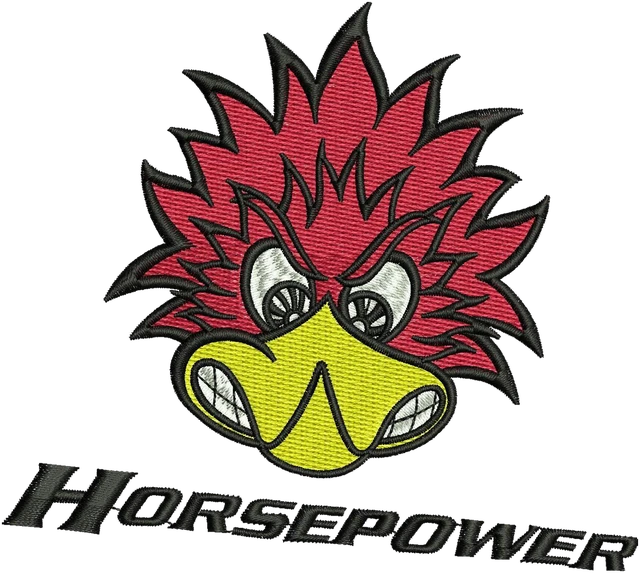 Clay Smith Cams Horsepower Bird Logo embroidery design shown stitched on fabric