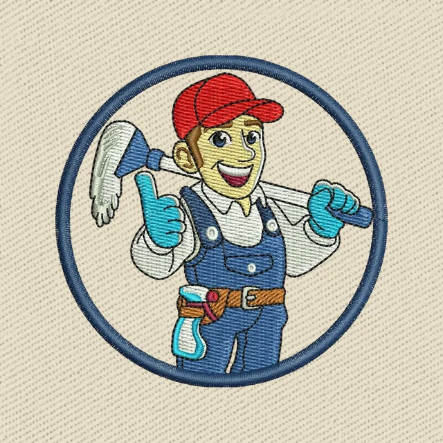 Motif de broderie Agent de nettoyage souriant en badge