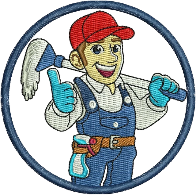 Smiling Cleaning Service Worker Badge embroidery design shown stitched on fabric