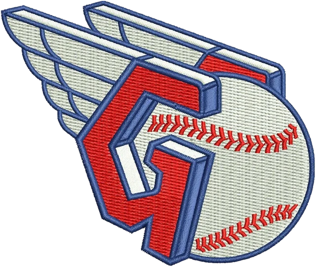 Cleveland Guardians Winged G Baseball Logo embroidery design shown stitched on fabric