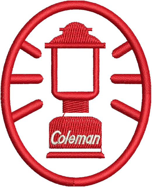 Diseño de bordado Emblema redondo Coleman con farol rojo sobre tela