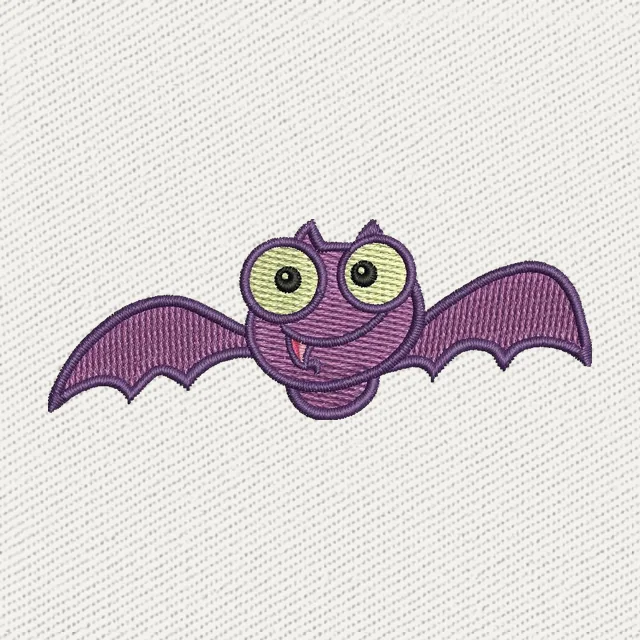 Murciélago morado de ojos grandes y alas abiertas