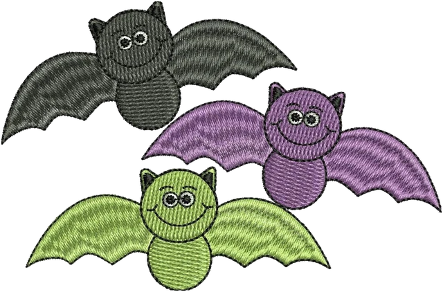 Three Smiling Halloween Bats embroidery design shown stitched on fabric