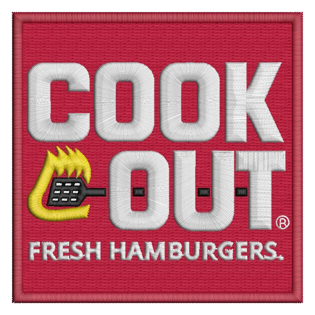 Diseño de bordado Logo rojo Cook Out con parrilla y llama sobre tela