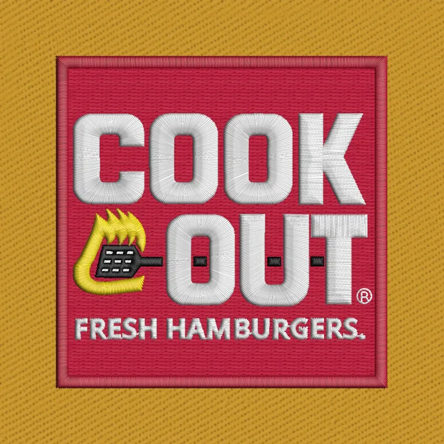 Logo rouge Cook Out avec gril et flamme