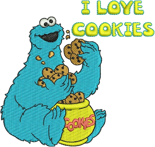 Cookie Monster with I Love Cookies Jar embroidery design shown stitched on fabric