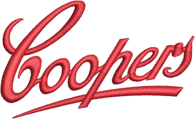 Ricamo Logo rosso corsivo Coopers Brewery su tessuto