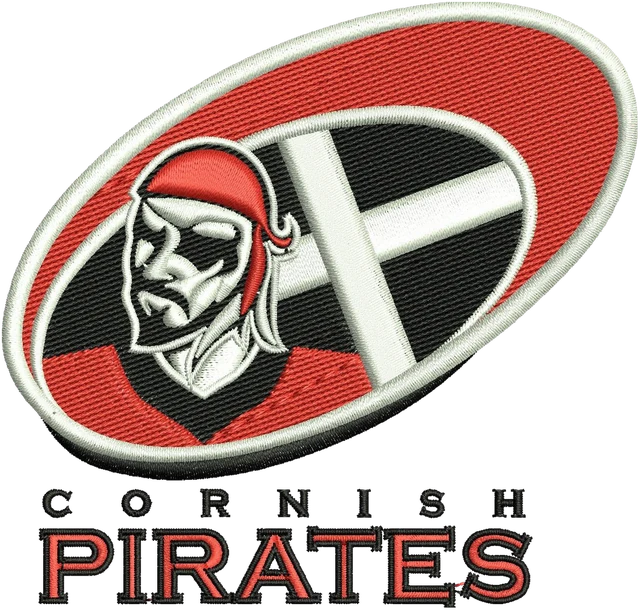 Diseño de bordado Diseño de bordado Logo Cornish Pirates con balón de rugby sobre tela