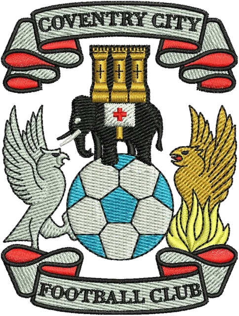 Coventry City Coat of Arms Crest embroidery design shown stitched on fabric