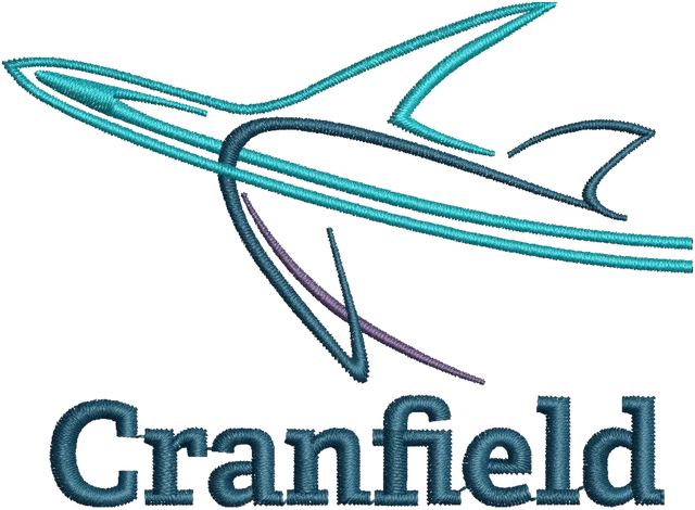 Cranfield Shark Wordmark Logo embroidery design shown stitched on fabric