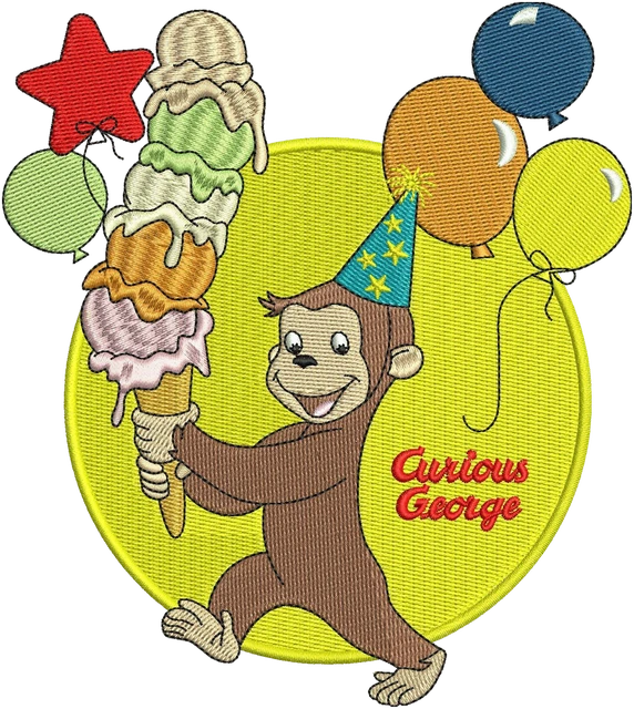 Motif de broderie Motif de broderie Anniversaire de Curious George avec glace brodé sur tissu