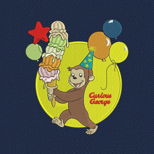 Diseño de bordado Fiesta de Curious George con helado