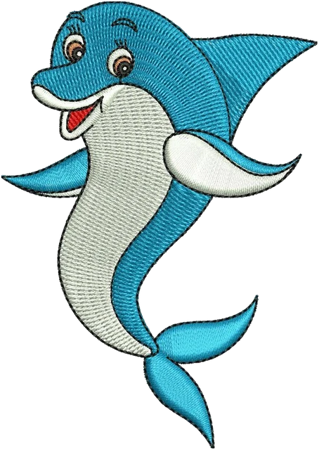 Cute Smiling Blue Dolphin embroidery design shown stitched on fabric