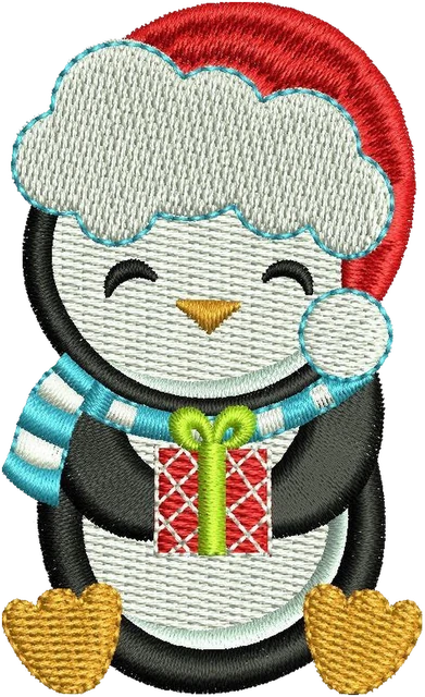 Cute Christmas Penguin with Gift embroidery design shown stitched on fabric