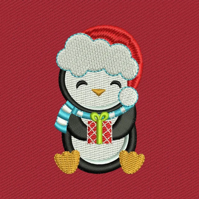 Diseño de bordado Pingüino navideño adorable con regalo