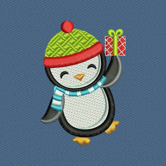 Diseño de bordado Pingüino saludando con regalo navideño