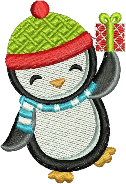 Ricamo Disegno da ricamo Pinguino che saluta con regalo di Natale su tessuto