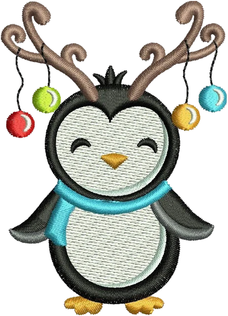 Diseño de bordado Diseño de bordado Pingüino navideño adorable con astas sobre tela
