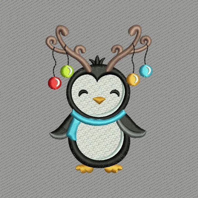 Diseño de bordado Pingüino navideño adorable con astas