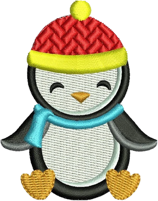 Motif de broderie Motif de broderie Pingouin d’hiver mignon au bonnet rouge brodé sur tissu