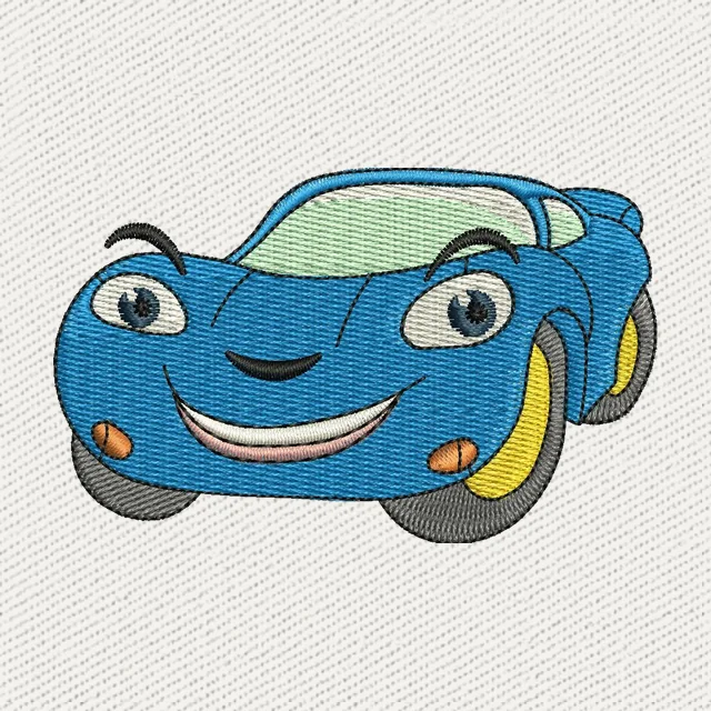 Diseño de bordado Coche deportivo azul adorable y sonriente