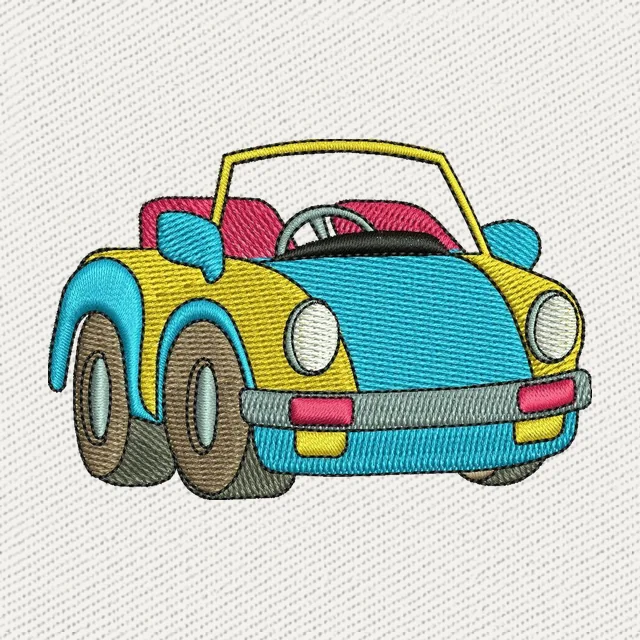 Diseño de bordado Coche descapotable turquesa y amarillo