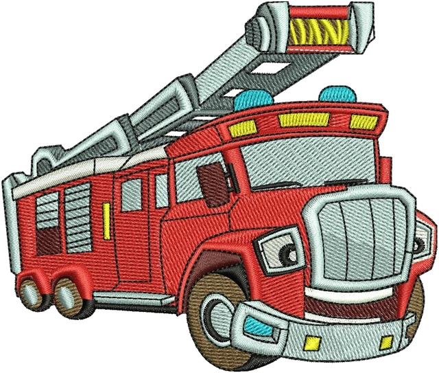 Cute Cartoon Fire Truck Embroidery Design embroidery design shown stitched on fabric