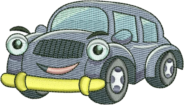 Cute Grey Morris Minor Cartoon Car embroidery design shown stitched on fabric