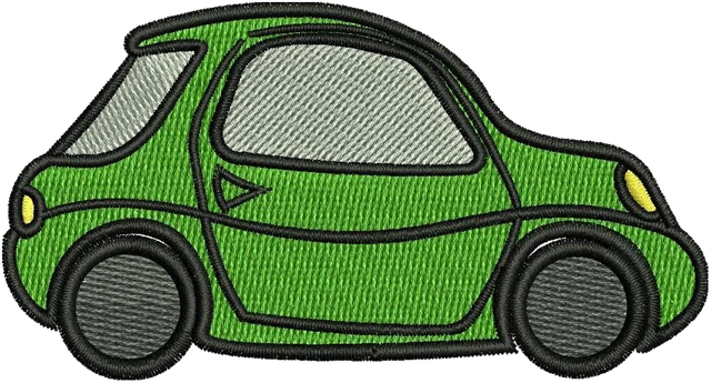 Cute Green Compact Cartoon Car embroidery design shown stitched on fabric