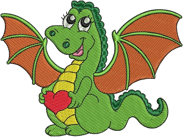 Stickdatei Niedlicher grüner Drache mit rotem Herz Stickdatei auf Stoff gestickt