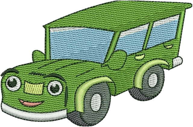 Diseño de bordado Lindo jeep verde de dibujos animados sobre tela