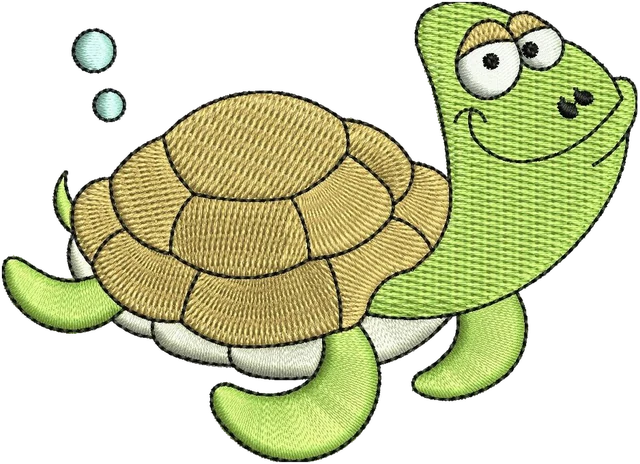 Cute Cartoon Green Turtle Embroidery Design embroidery design shown stitched on fabric