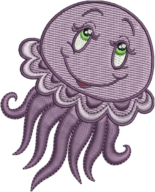 Cute Purple Jellyfish with Green Eyes embroidery design shown stitched on fabric