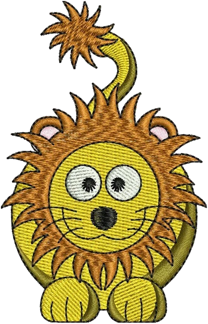 Cute Sitting Lion with Spiky Mane embroidery design shown stitched on fabric