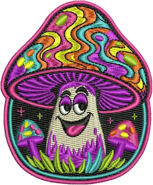Stickdatei Cute Cartoon Mushroom Stickdatei auf Stoff gestickt