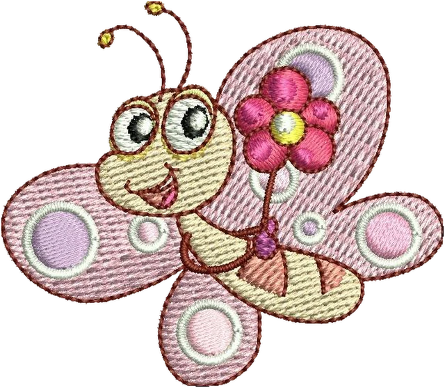 Cute Cartoon Pink Butterfly Embroidery Design embroidery design shown stitched on fabric