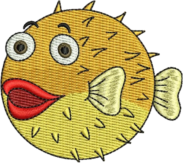Cute Yellow Puffer Fish with Red Lips embroidery design shown stitched on fabric