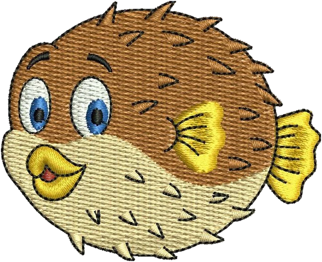Cute Brown Puffer Fish with Blue Eyes embroidery design shown stitched on fabric