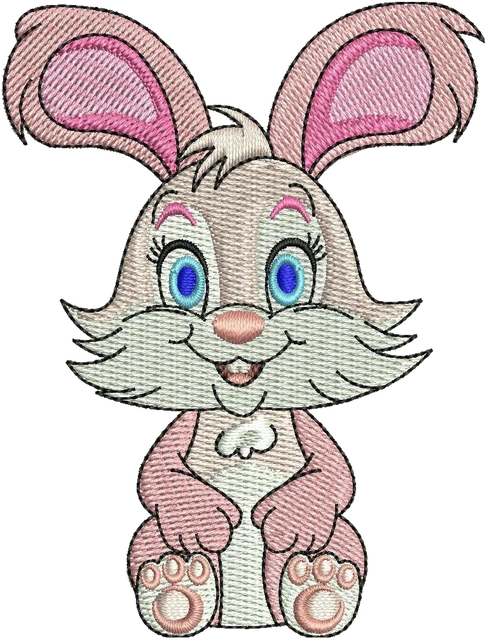 Cute Sitting Rabbit with Pink Ears embroidery design shown stitched on fabric