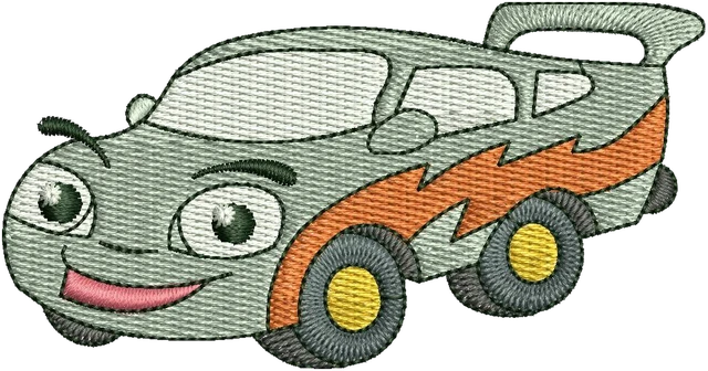Cute Silver Race Car with Flames embroidery design shown stitched on fabric