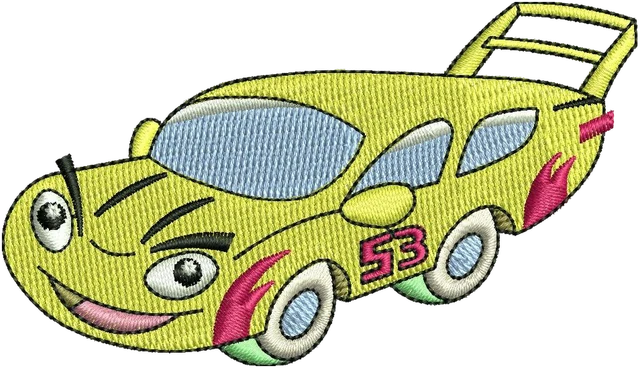 Cute Yellow Race Car Number 53 embroidery design shown stitched on fabric