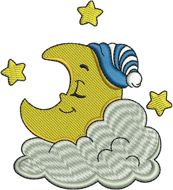 Ricamo Luna crescente carina che dorme su una nuvola su tessuto