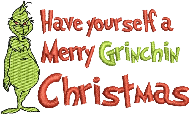 Grinch with Merry Grinchin Christmas Text embroidery design shown stitched on fabric